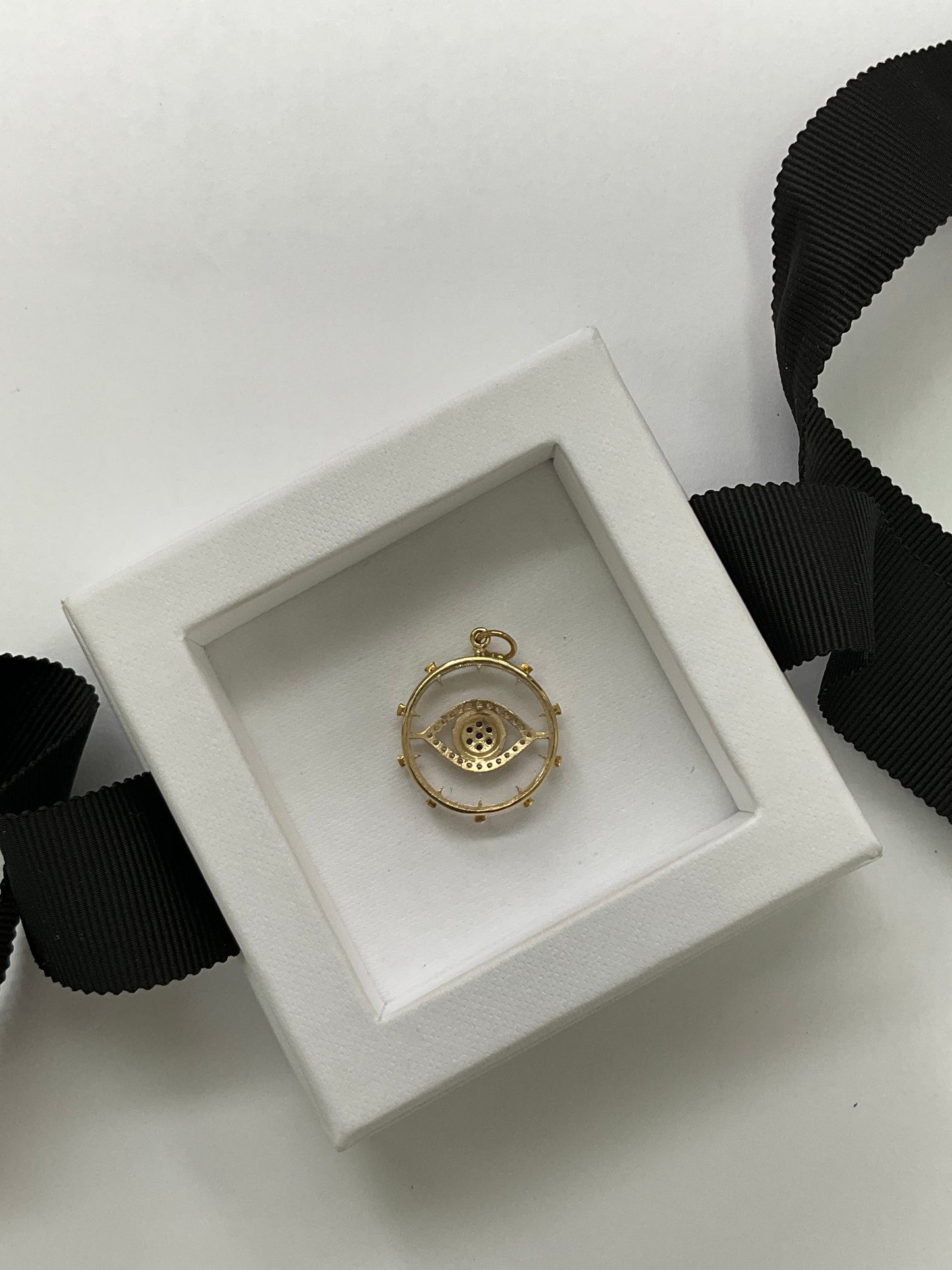 14KY Gold Round Clear Quartz Evil Eye Medallion Pendant with Diamonds And Sapphire