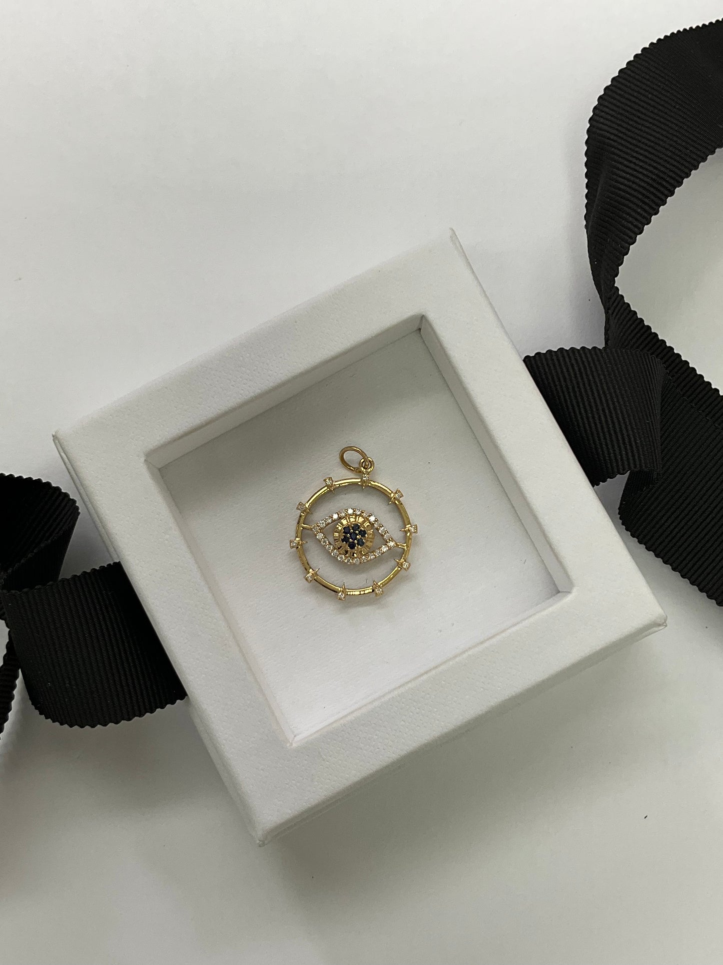 14KY Gold Round Clear Quartz Evil Eye Medallion Pendant with Diamonds And Sapphire