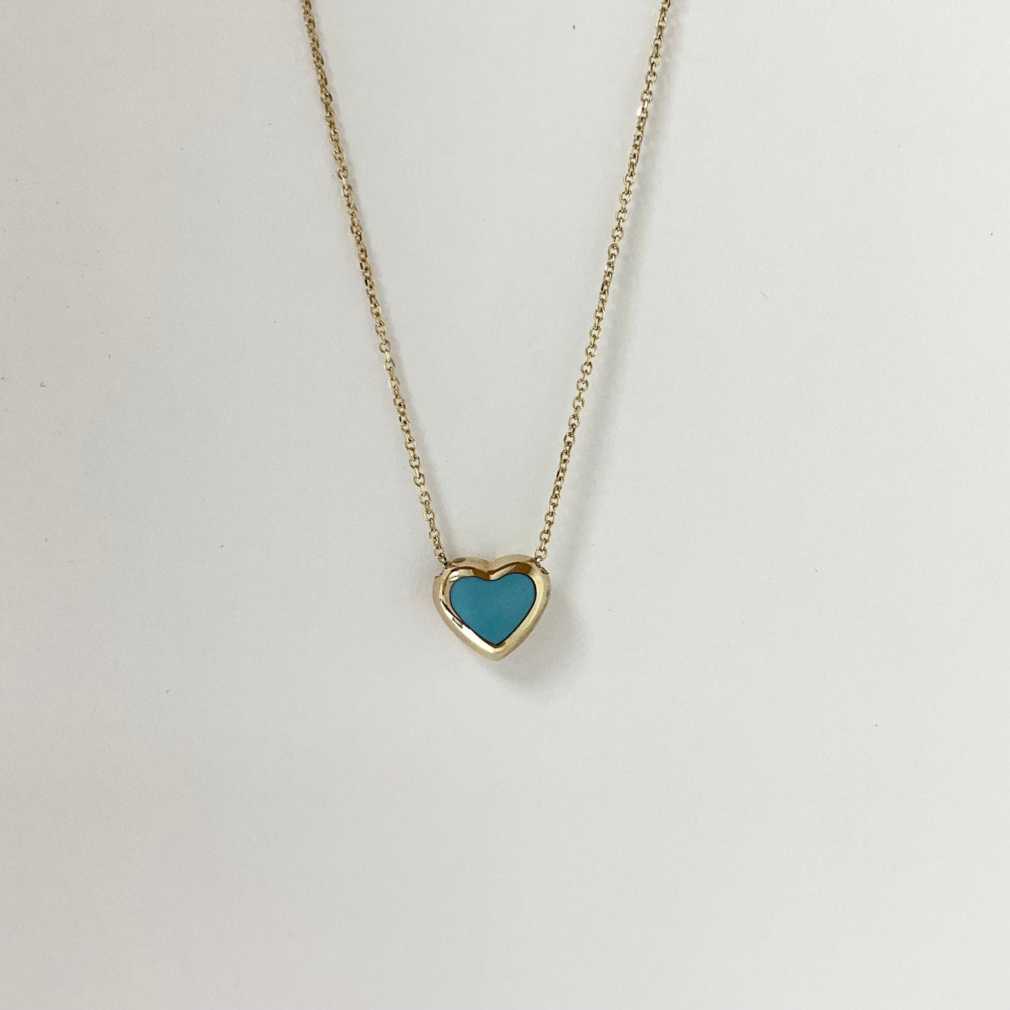 14K Gold Necklace with Heart Turquoise Enamel Pendant on 18in Chain