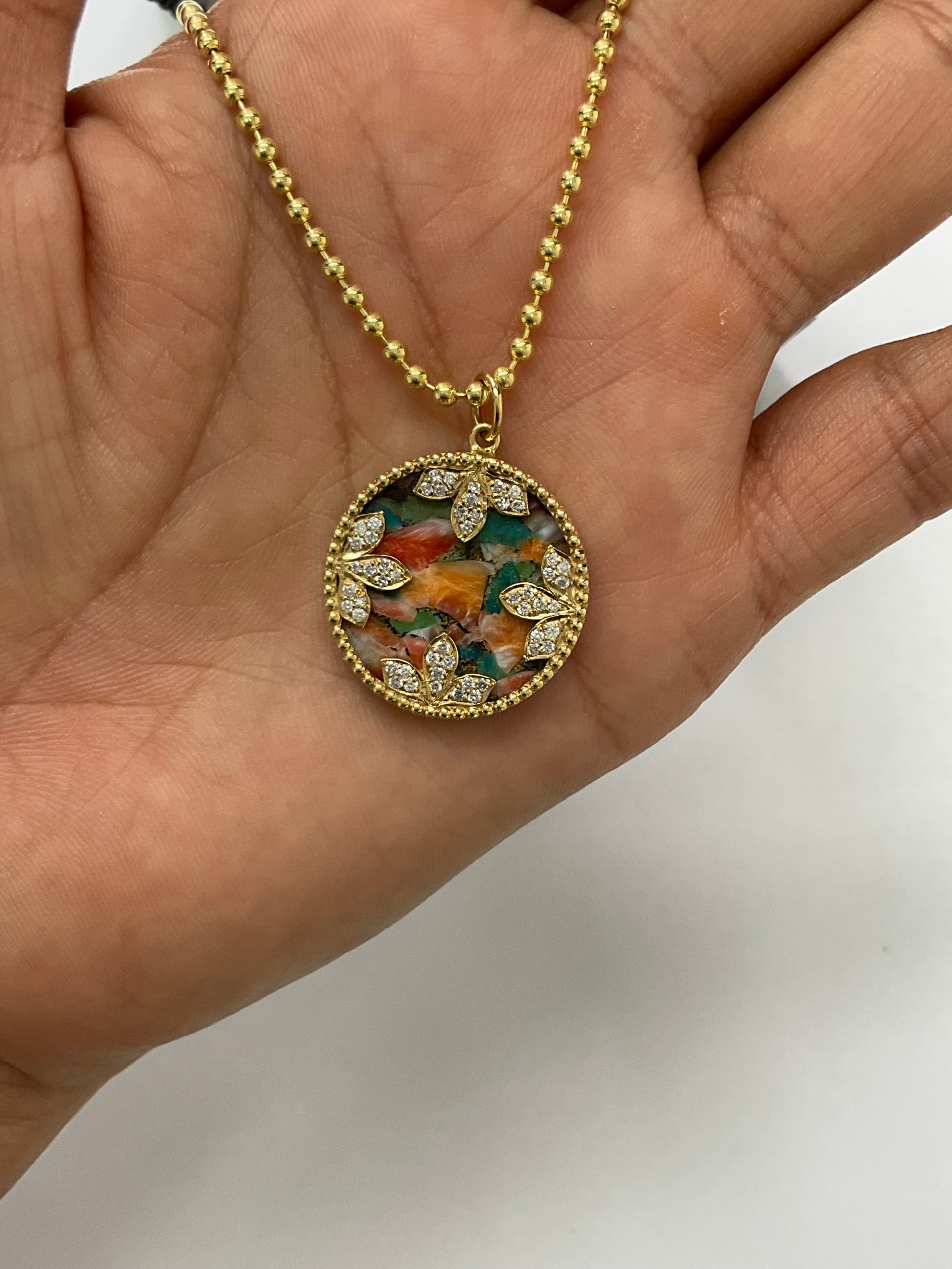 14KY Gold Round Oyster Turquoise Medallion Pendant with Diamonds