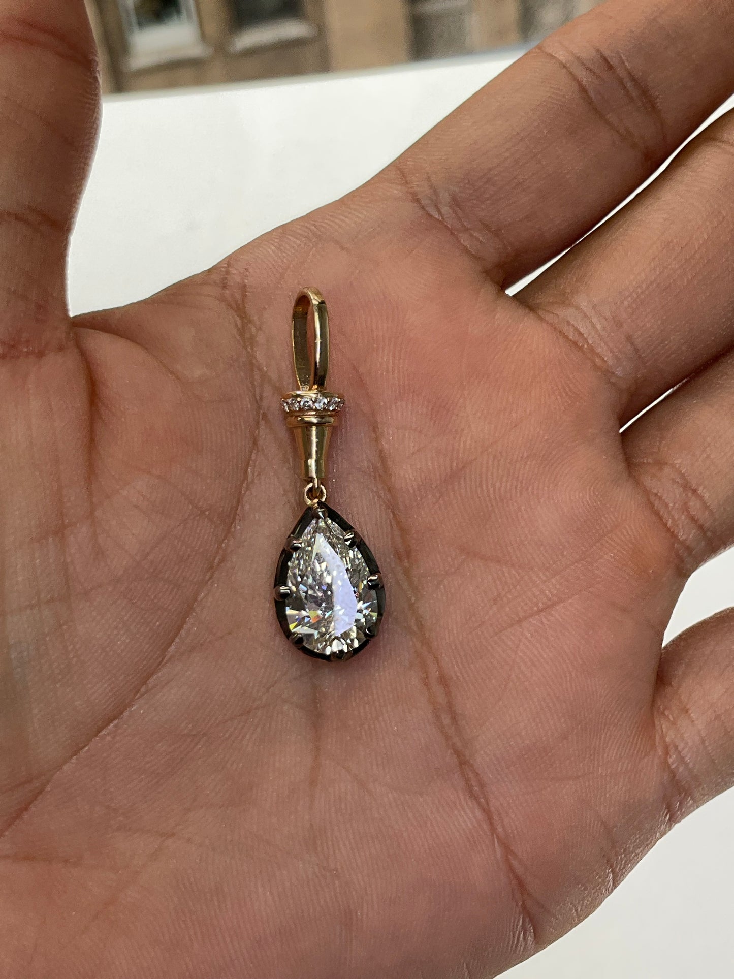 14K Gold Lab Grown Diamond 3.29CT Pear Shape Pendant Georgian Victorian Setting