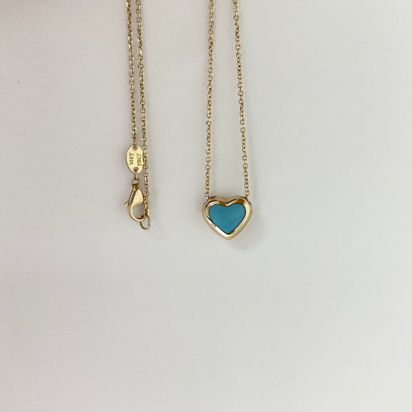 14K Gold Necklace with Heart Turquoise Enamel Pendant on 18in Chain