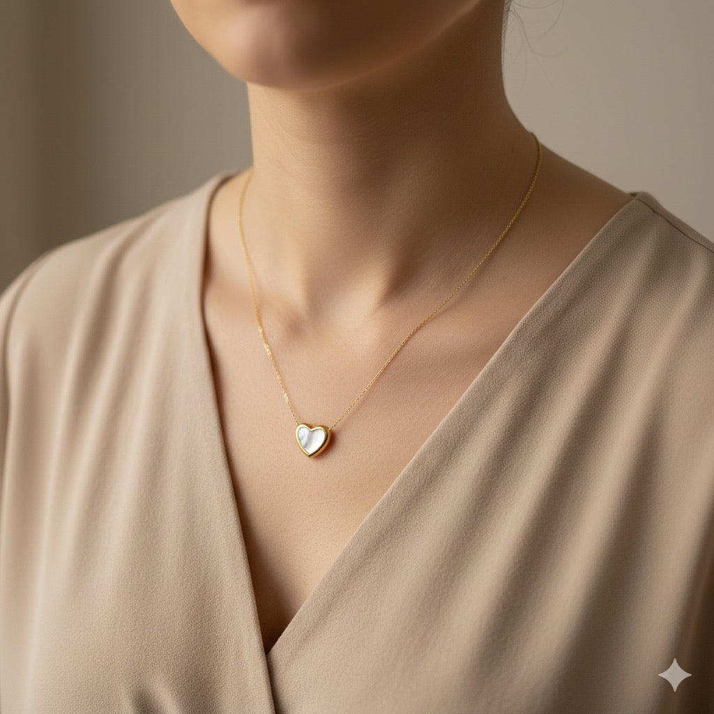 14K Gold Necklace with Heart shape Mother-of-Pearl Pendant on 18 inches Chain