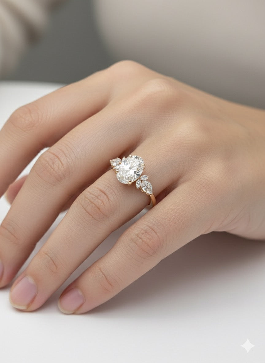 14K Rose Gold 3.06ct Lab Grown Oval Shape Diamond and Natural Marquise Diamonds
