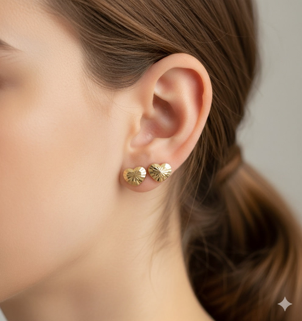 14K Gold Heart Shaped Diamond Cut Earrings