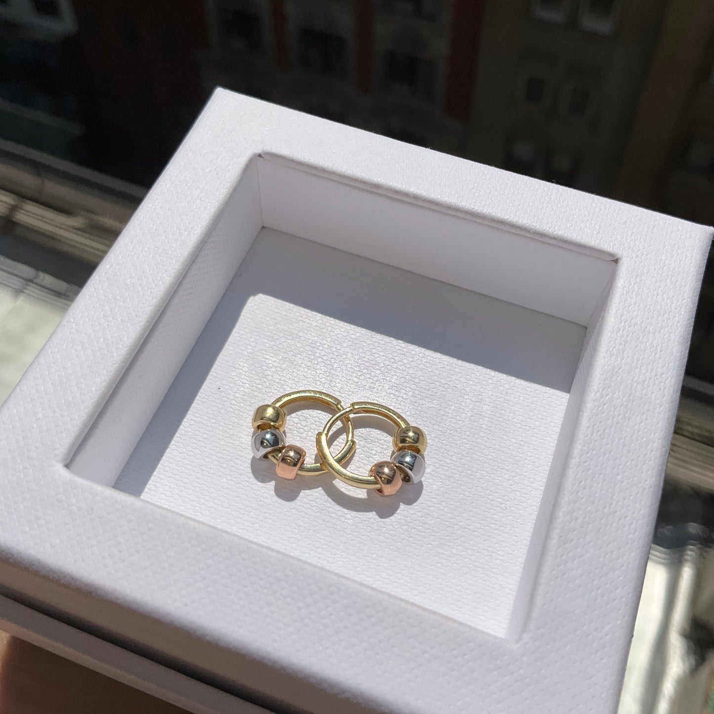18K Gold Tri Color Huggie Hoop Earrings