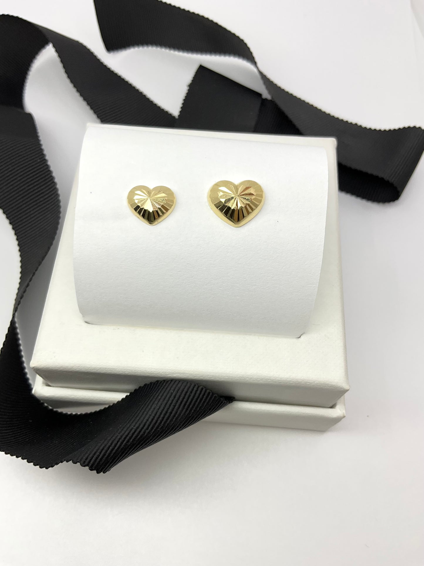 14K Gold Heart Shaped Diamond Cut Earrings