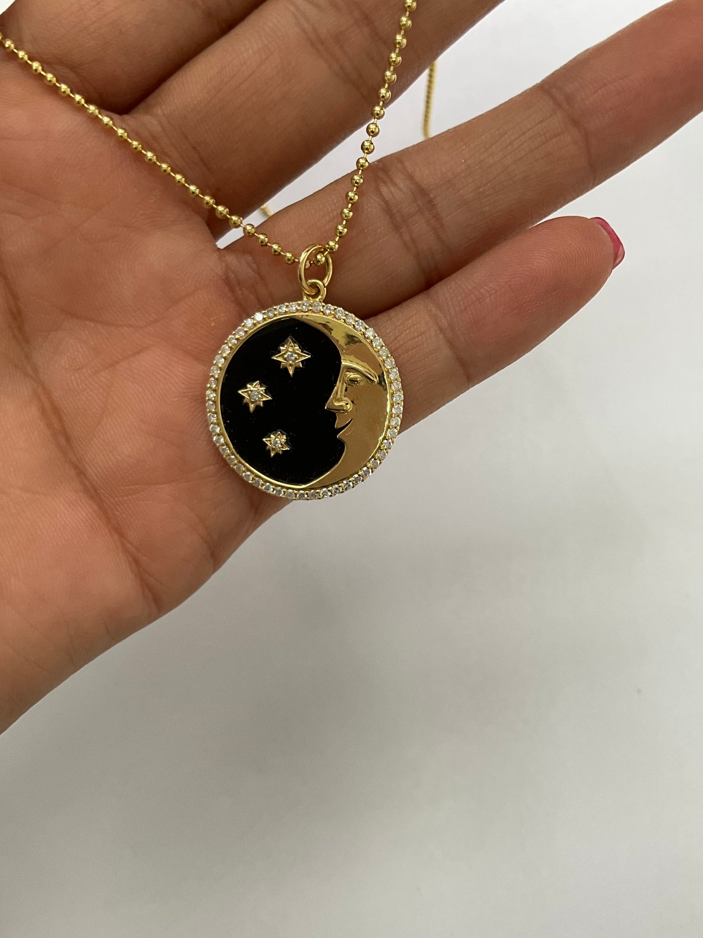 Gold Round Onyx Medallion Pendant with With Gold Moon And Diamond Star