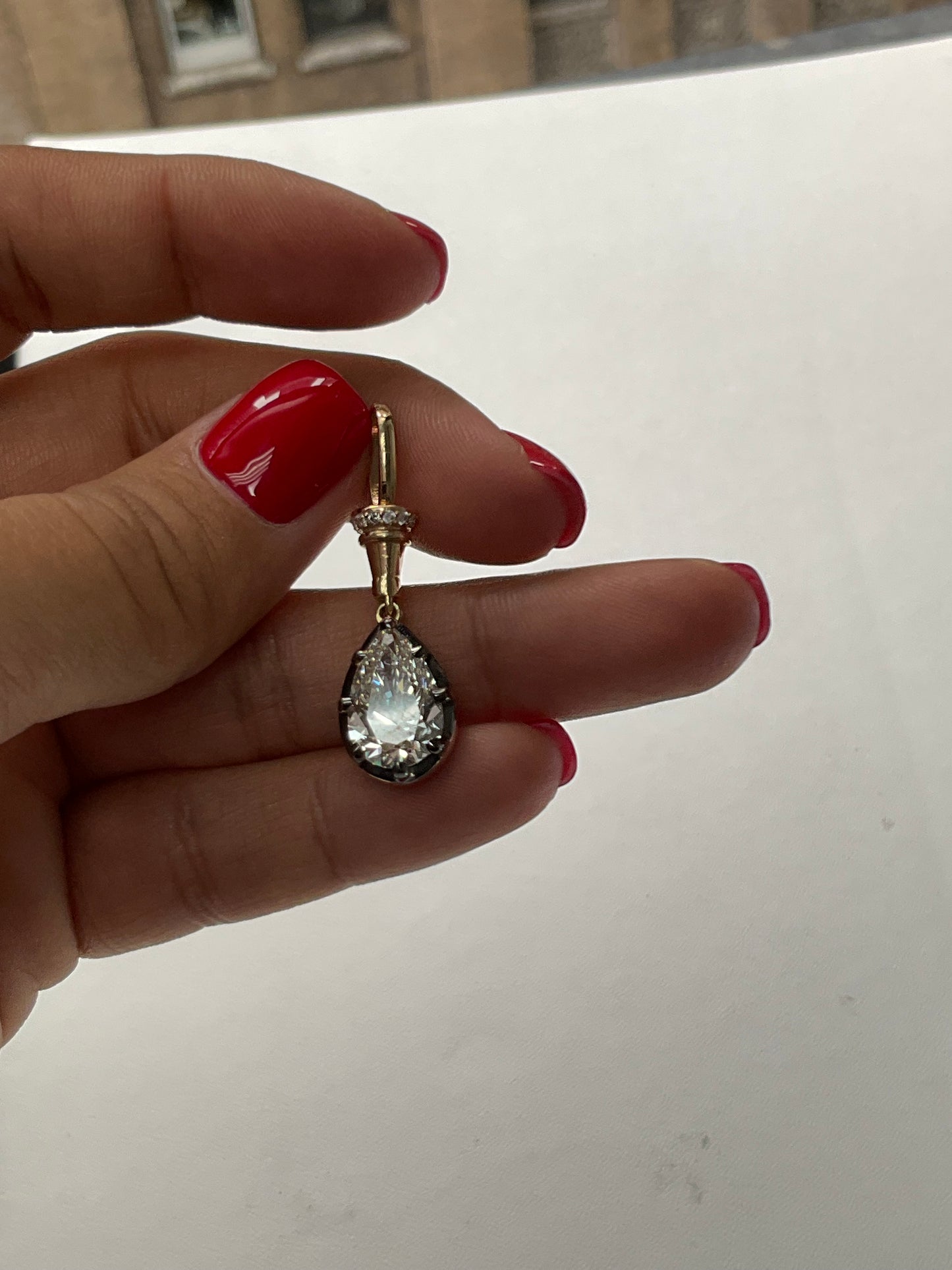 14K Gold Lab Grown Diamond 3.29CT Pear Shape Pendant Georgian Victorian Setting