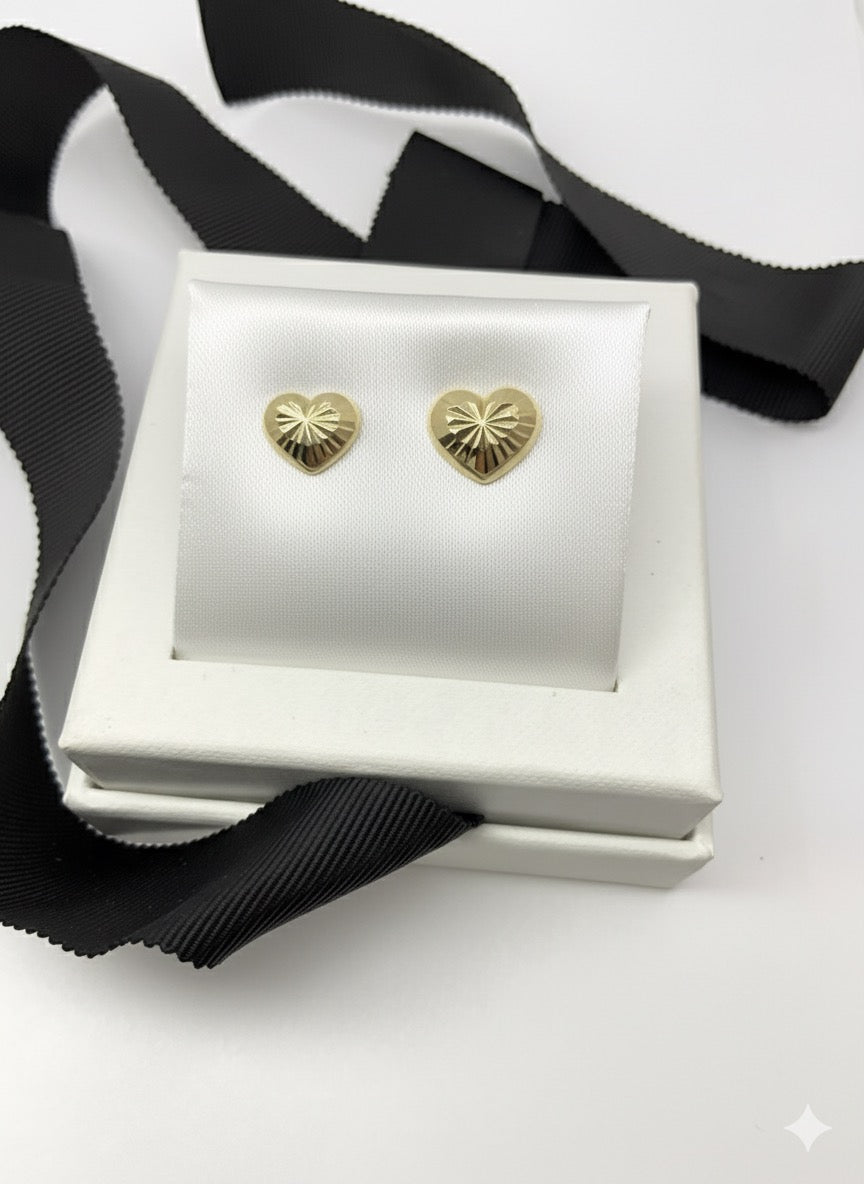 14K Gold Heart Shaped Diamond Cut Earrings