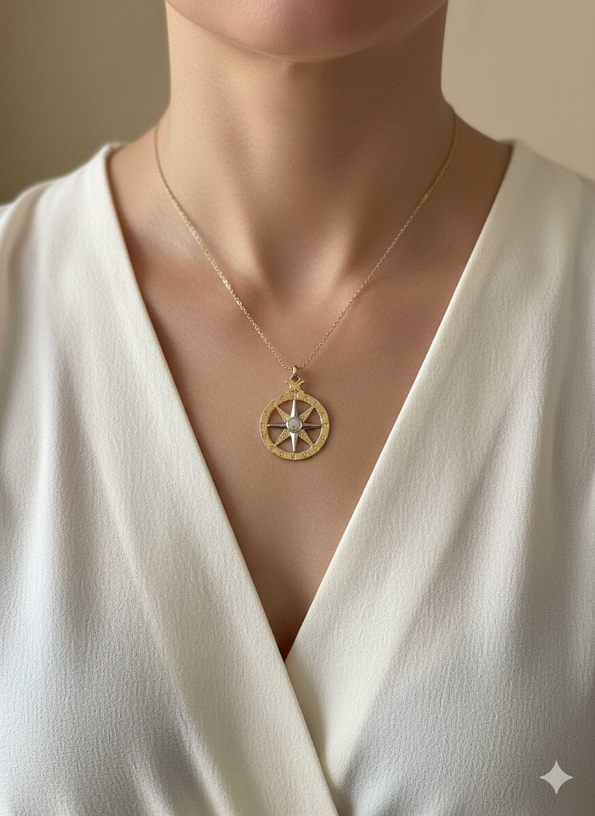 14K Gold Compass Rose Pendant