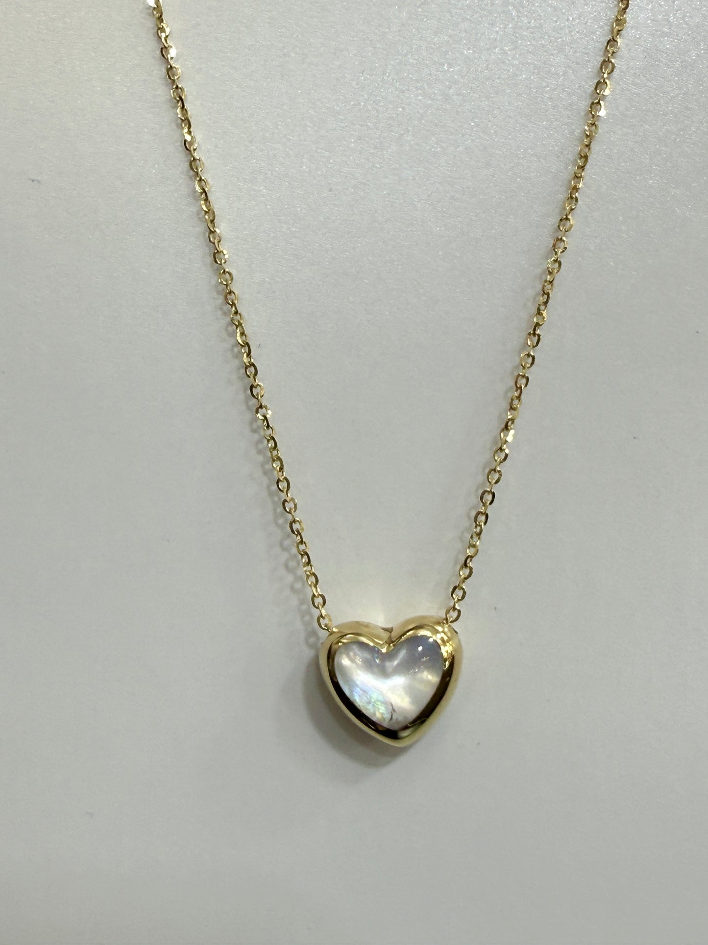 14k Yellow Puffed Heart with Mother Of Pearl on 16”-18” Chain