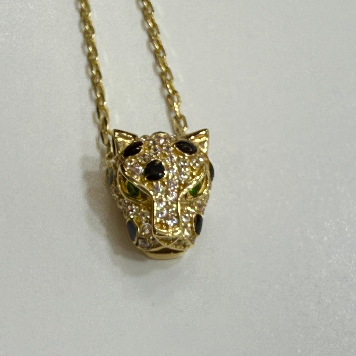 14K Gold Panther Head Necklace with CZ