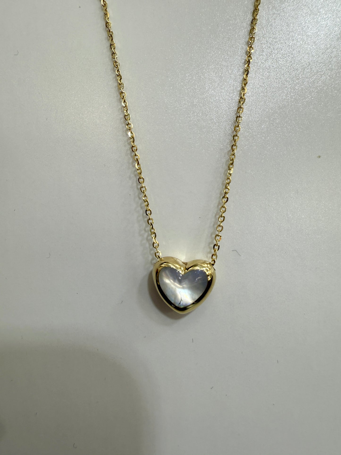 14k Yellow Puffed Heart with Mother Of Pearl on 16”-18” Chain