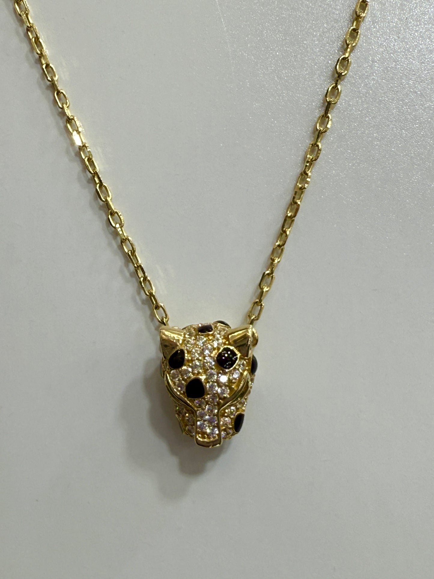 14K Gold Panther Head Necklace with CZ