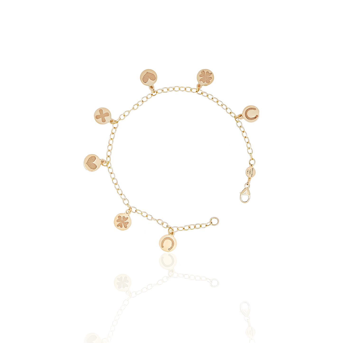 14K Gold Bracelet with Heart, Leaf and Horse Shoe Charms