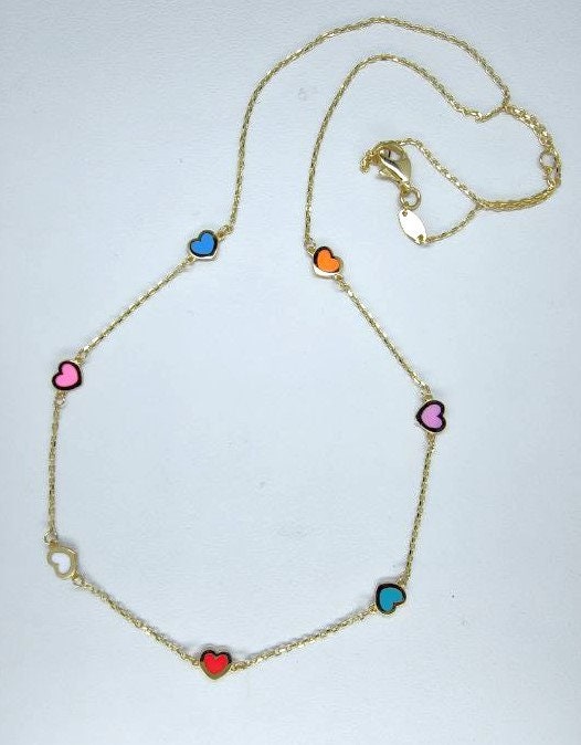 14K Gold Necklace with Heart Shaped Enamel