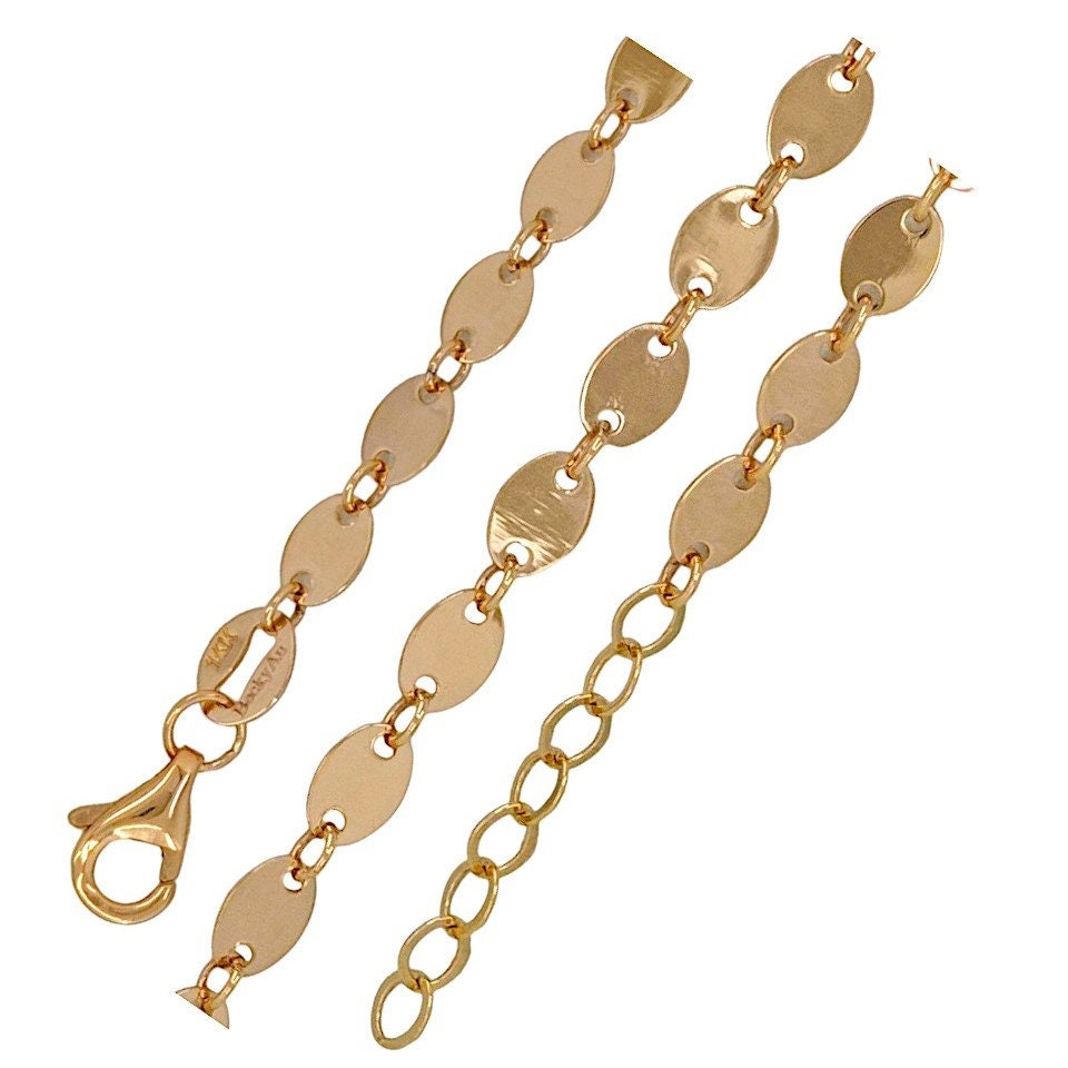 14k Solid Gold Oval Flat Coin Bracelet, 14K gold jewelry 7"/7.5"