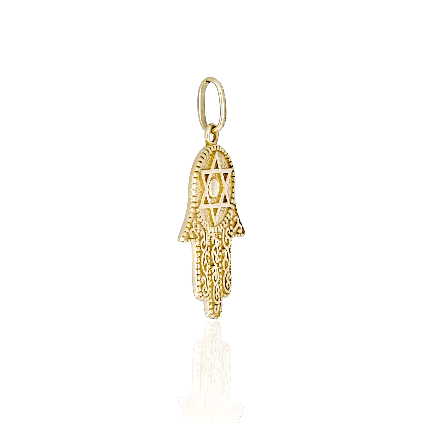 14K Gold Hamsa Pendant with David Star