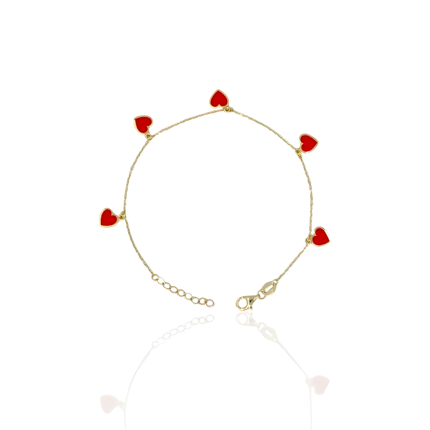 14K Gold Cable Bracelet with Red Hearts