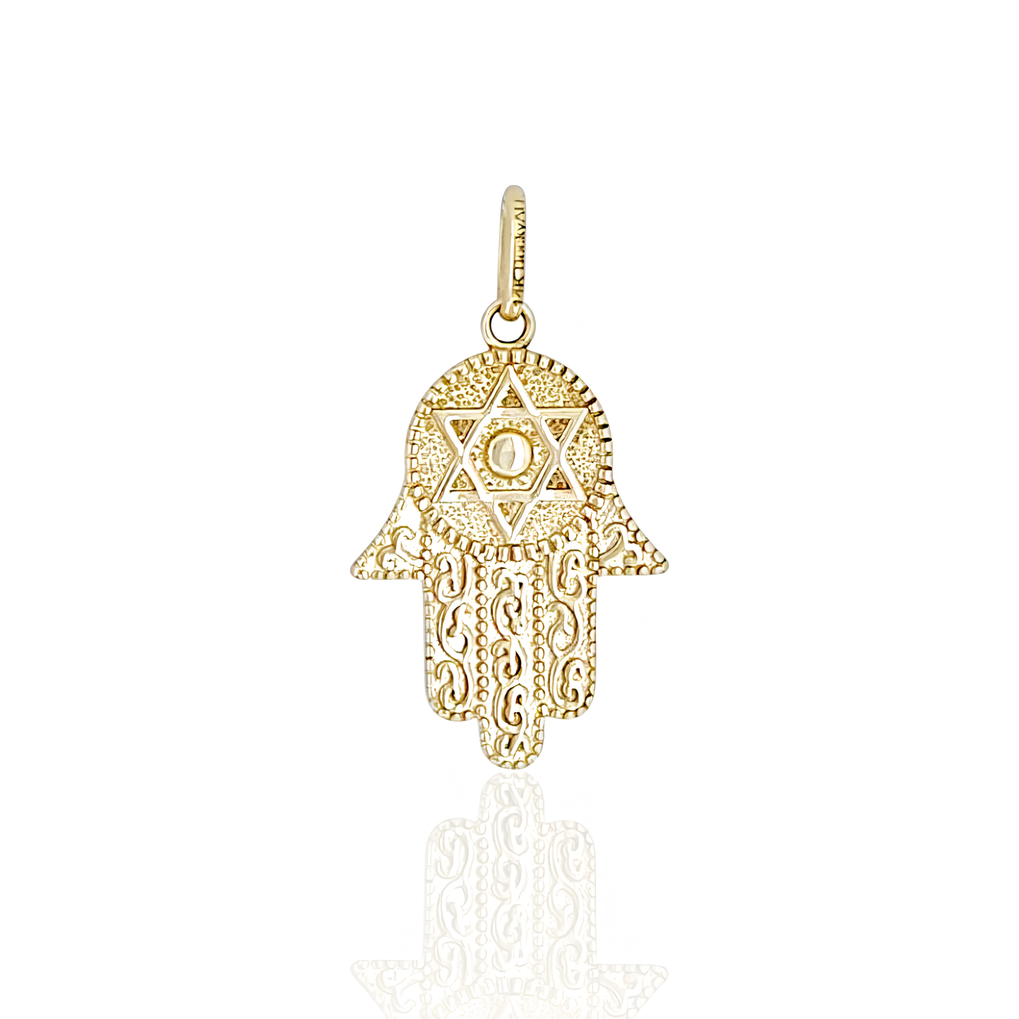 14K Gold Hamsa Pendant with David Star