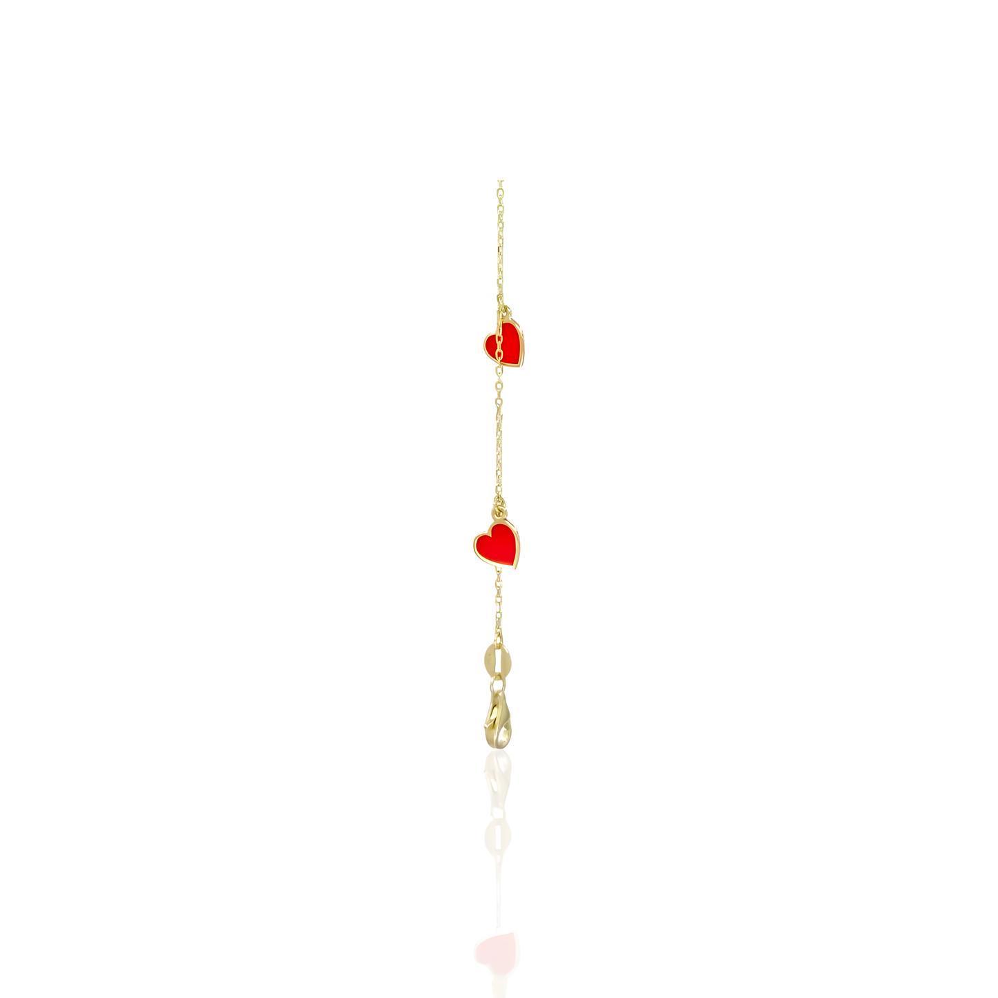 14K Gold Cable Bracelet with Red Hearts