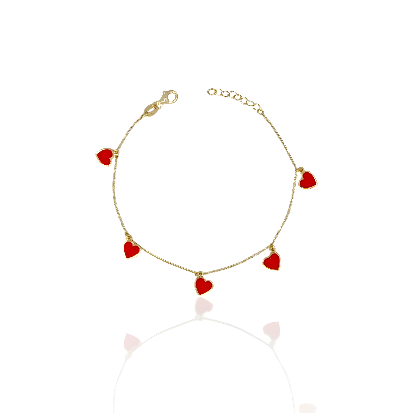 14K Gold Cable Bracelet with Red Hearts
