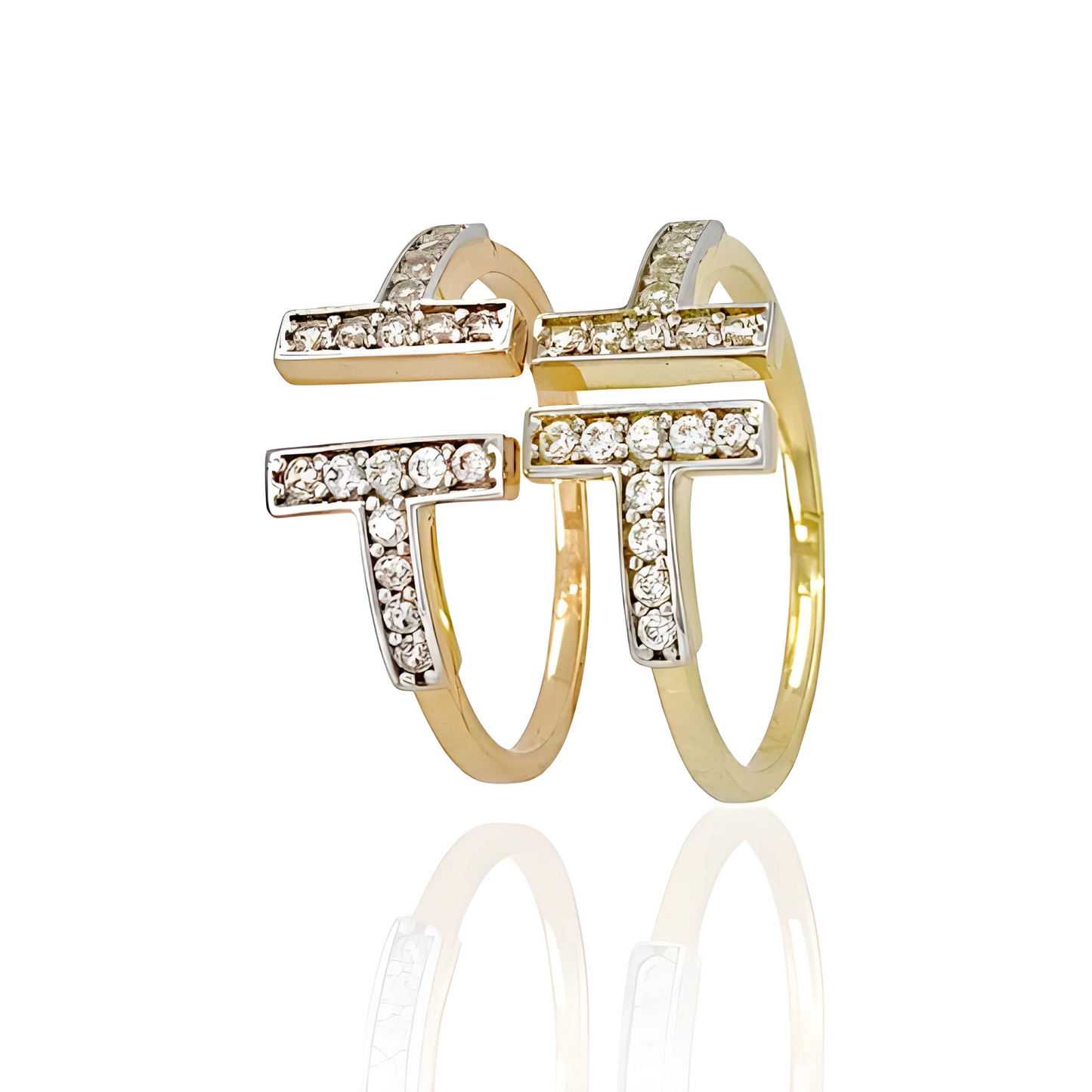 14K Two Tone Gold Double T Ring with Topazes