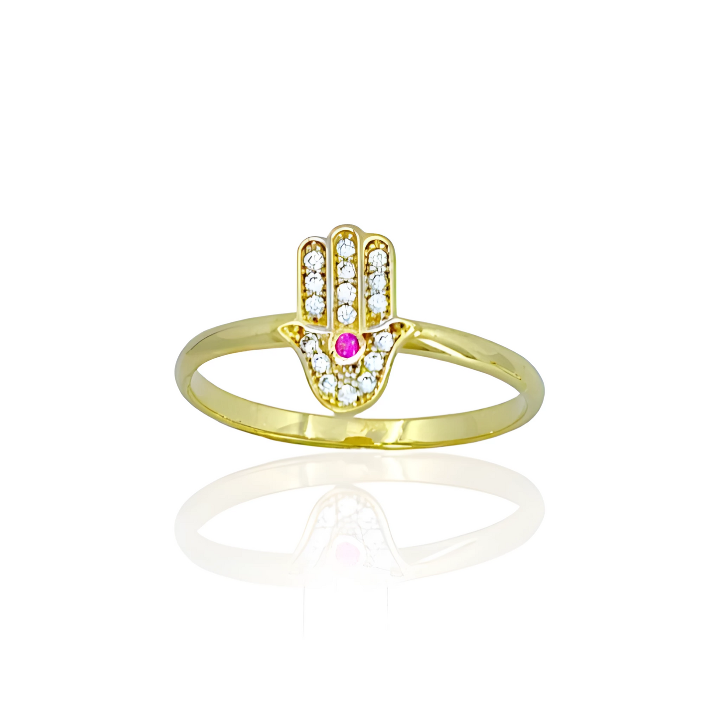 14k Solid Gold Hamsa Ring with White Topaz