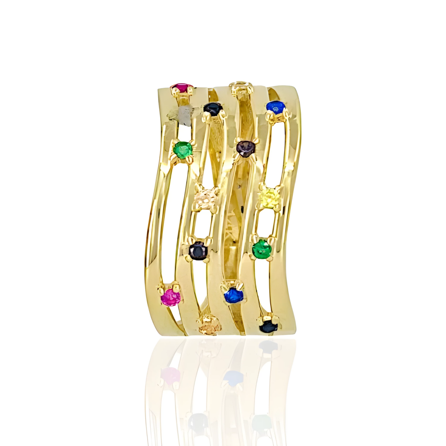 14K Gold Lines Ring with Multicolor Topaz