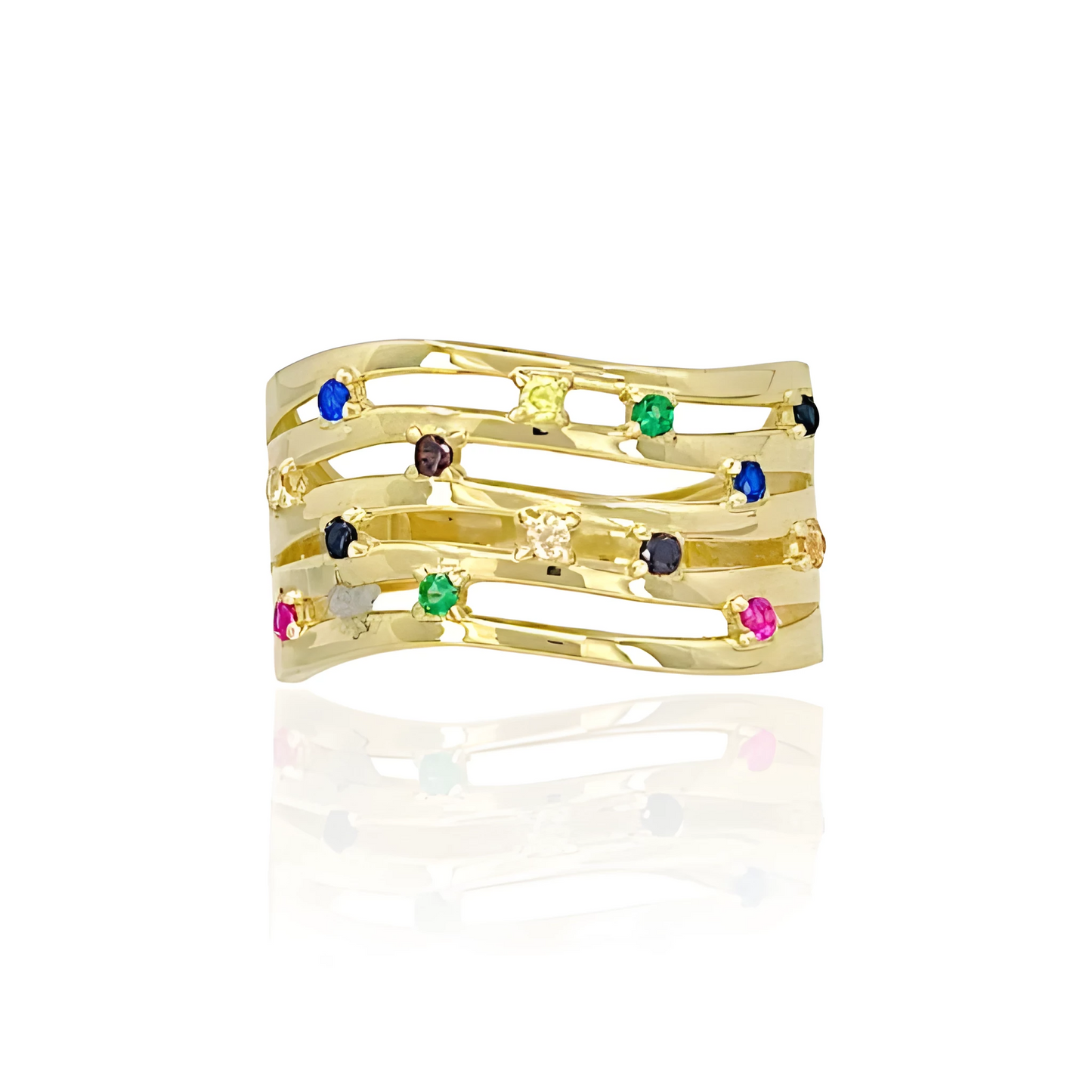 14K Gold Lines Ring with Multicolor Topaz