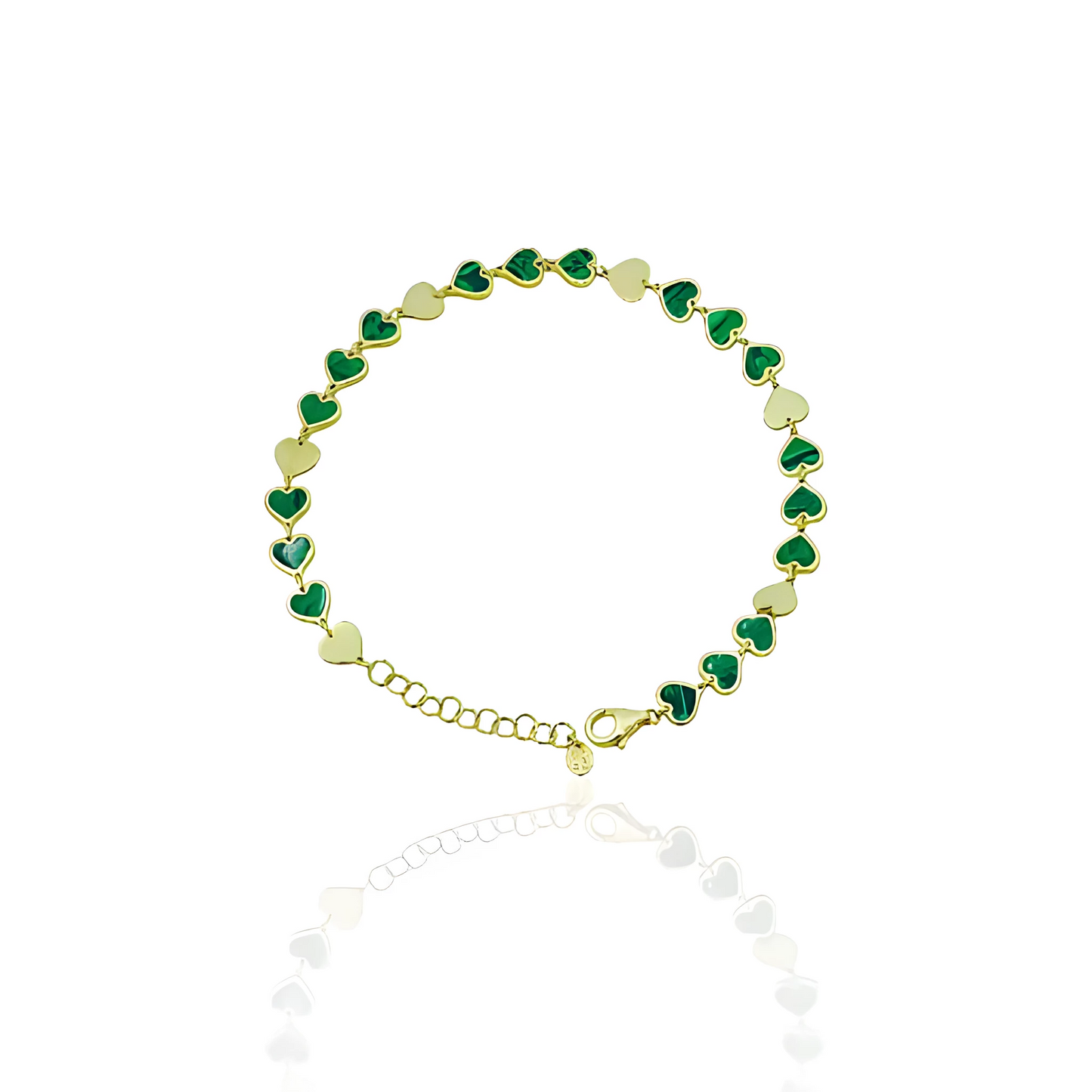 14K Gold Heart Bracelet with Natural Malachite and Turquoise