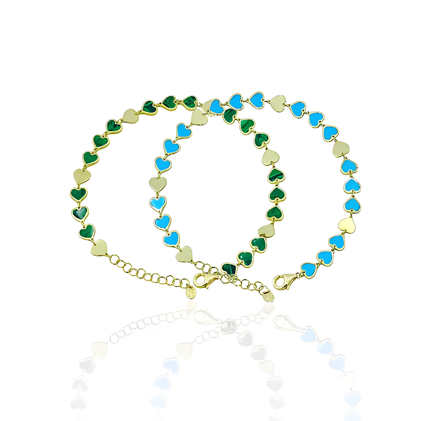 14K Gold Heart Bracelet with Natural Malachite and Turquoise