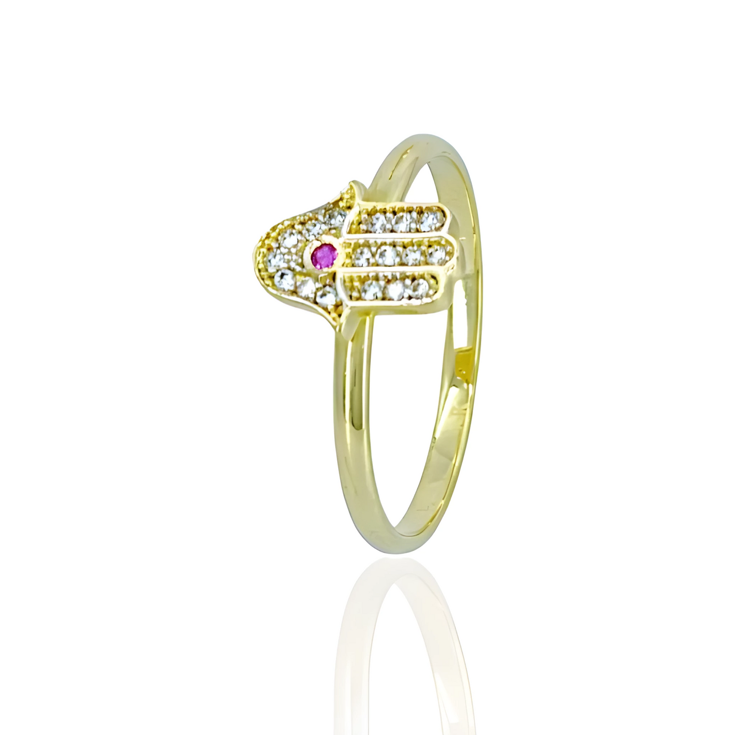 14k Solid Gold Hamsa Ring with White Topaz
