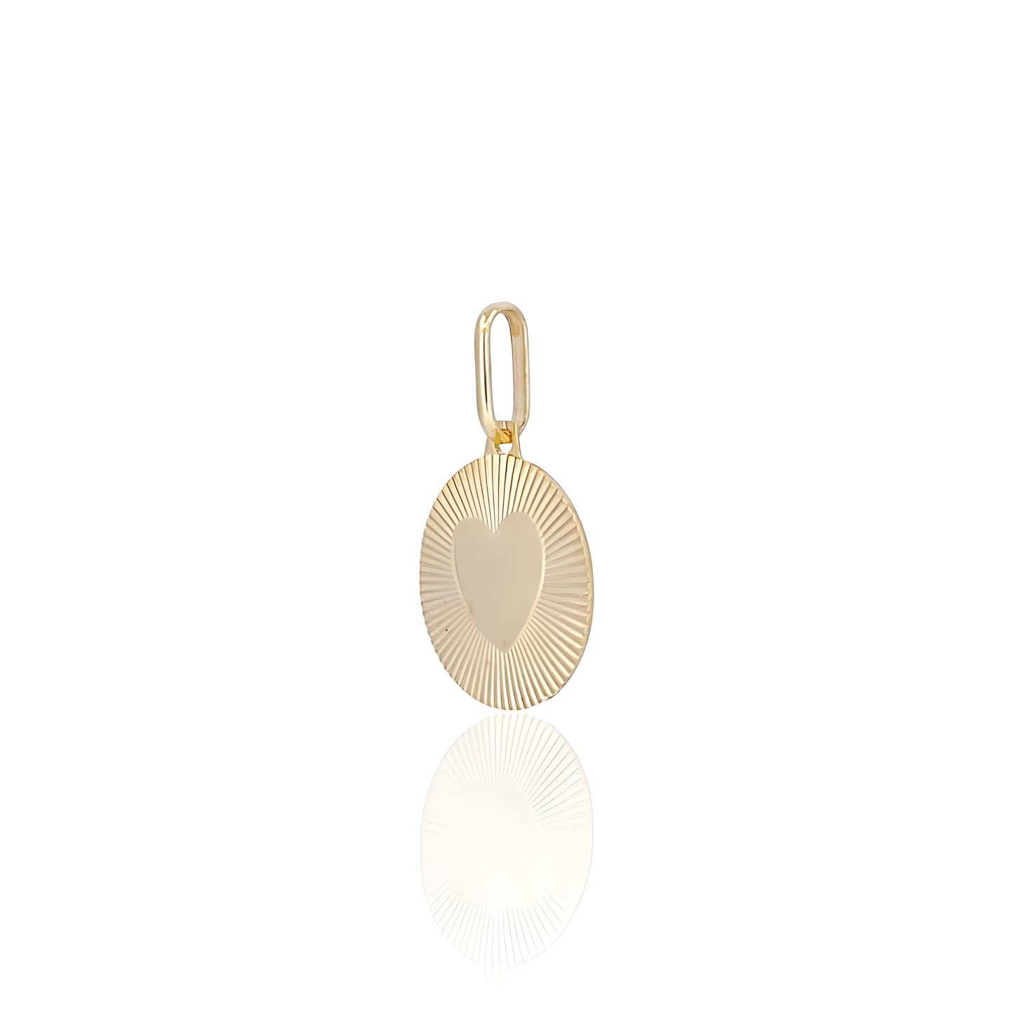 14K Gold Round Charm Pendant with Heart and Sunbeams