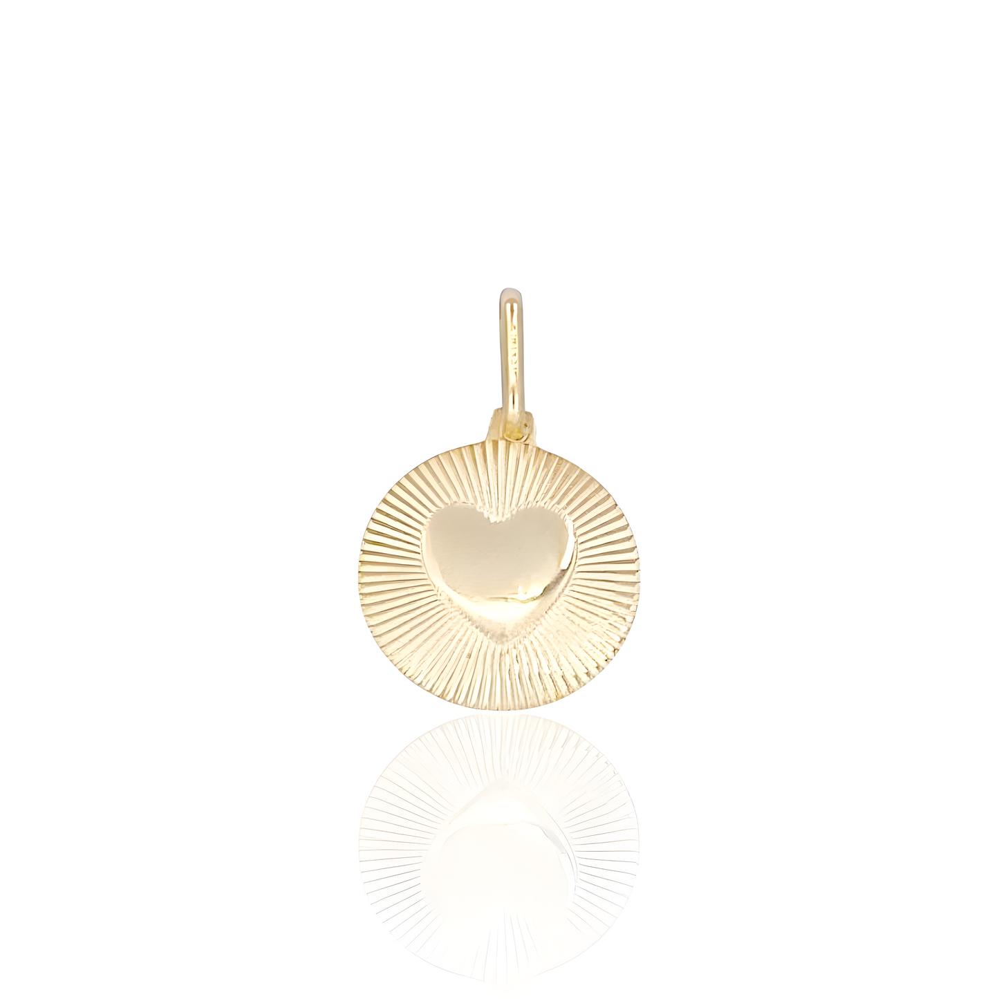 14K Gold Round Charm Pendant with Heart and Sunbeams
