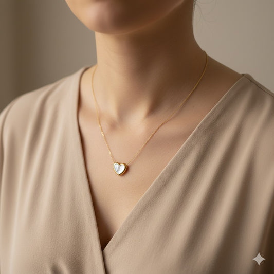 14K Gold Necklace with Heart shape Mother-of-Pearl Pendant on 18 inches Chain