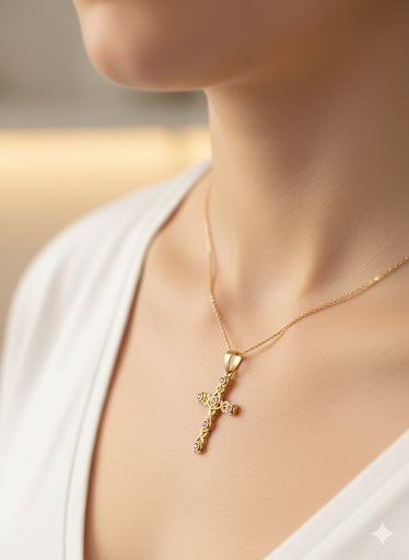 14KY Solid Gold Rose Cut Cross Pendant