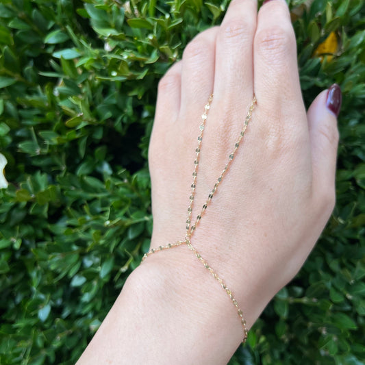 14K Solid Yellow Gold Diamond Cut Sparkle Mirror Handchain Bracelet