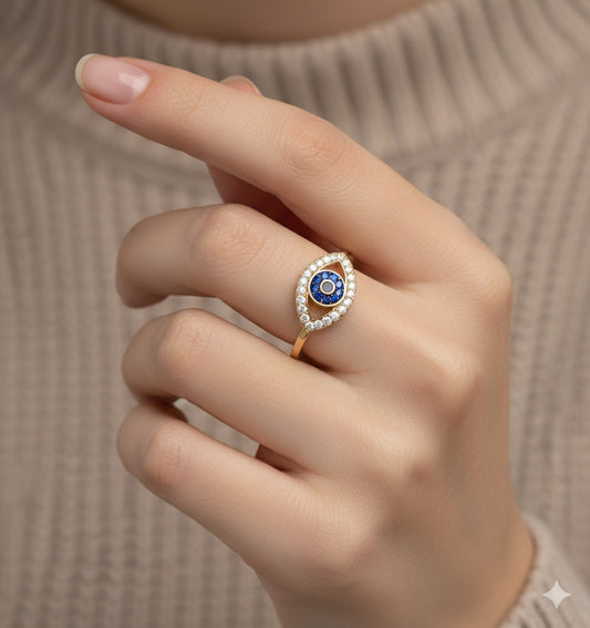 14ky Solid Gold Eye Ring with Blue and White Topaz