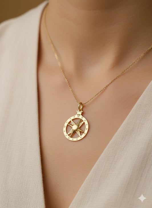 14K Gold Compass Rose Pendant