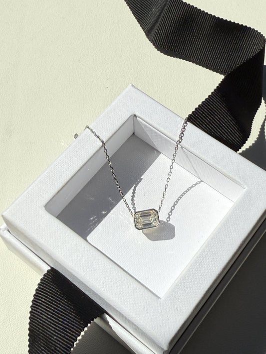 14k White Gold Lab Grown Emerald Cut Diamond 1.50 Ct Necklace with Diamond Cut Cable Chain