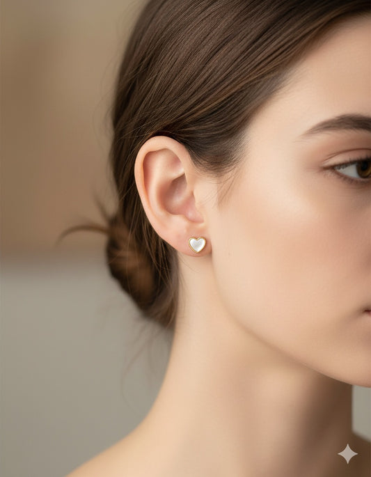 14K Gold Mother Pearl Heart Stud Earrings
