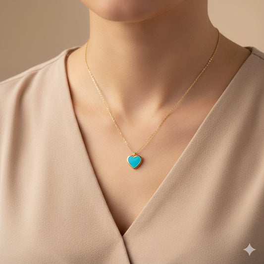 14K Gold Necklace with Heart Turquoise Enamel Pendant on 18in Chain