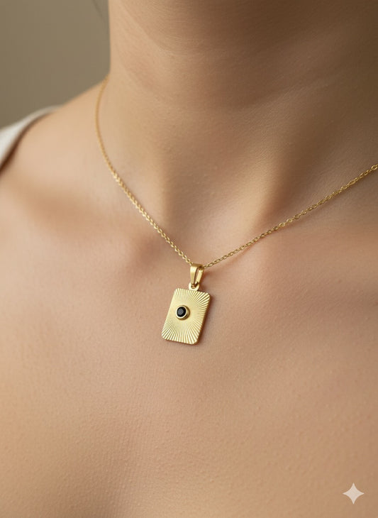 14K Gold Rectangle Charm Pendant with Sunbeams