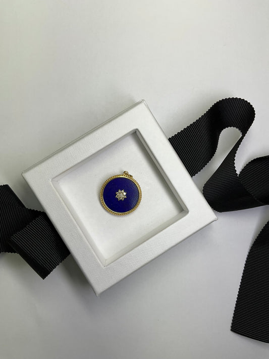 Gold Round Lapis Medallion Pendant with Diamond Cluster