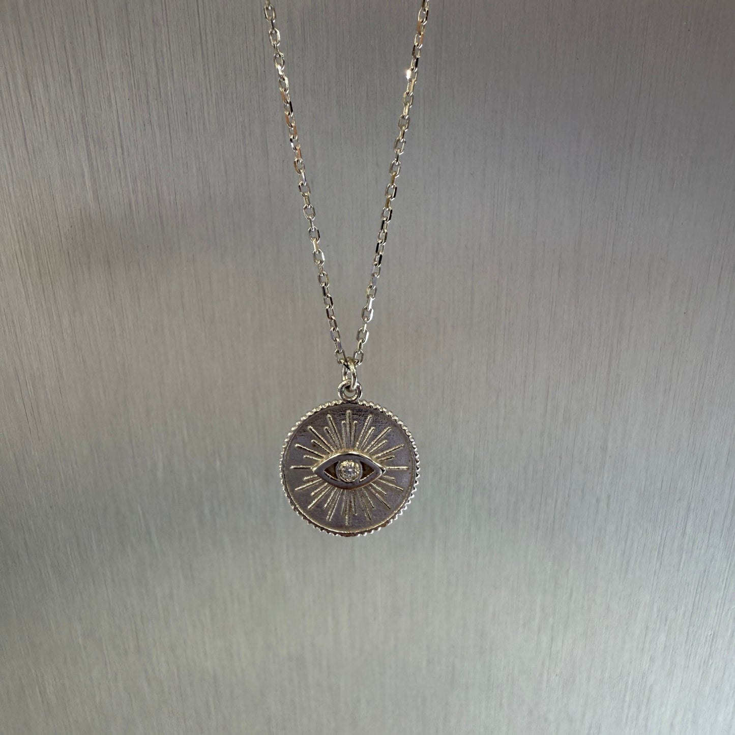 14K Gold Round Charm Necklace Eye with Natural Diamond