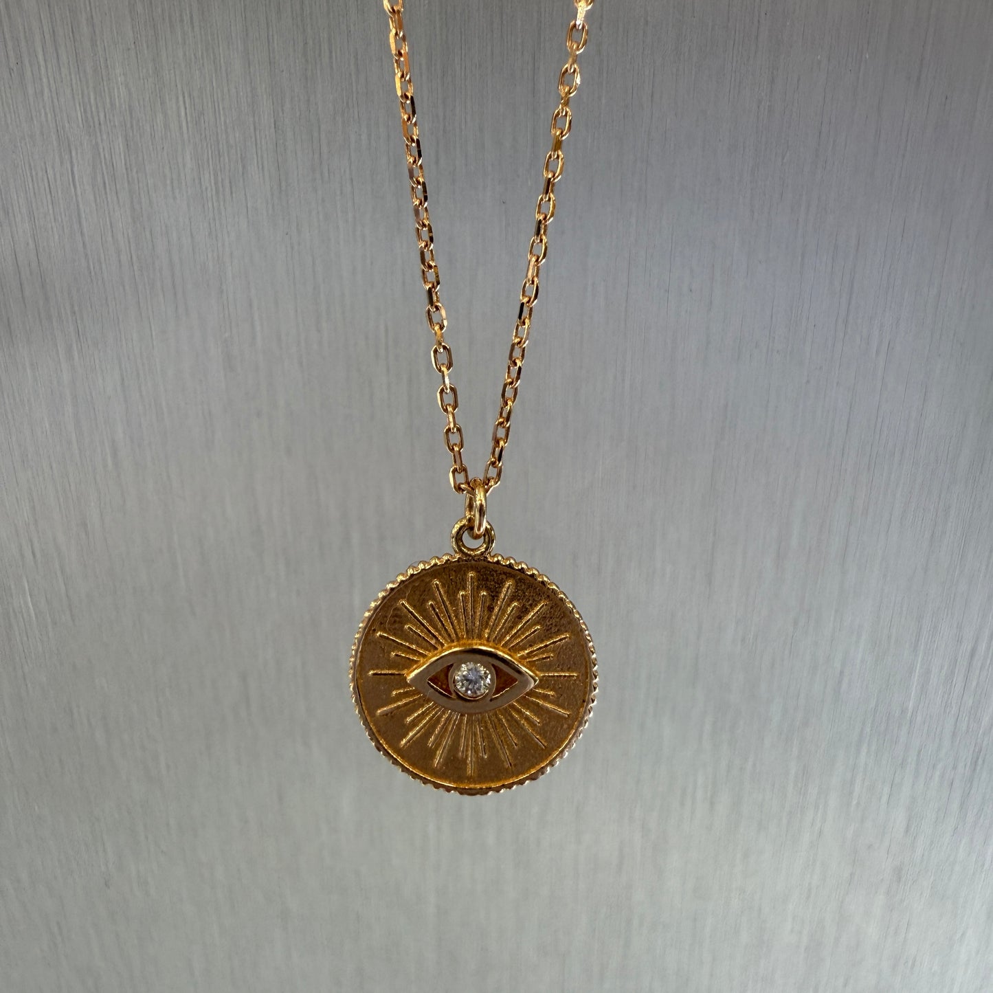 14K Gold Round Charm Necklace Eye with Natural Diamond