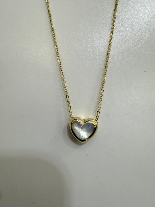 14k Yellow Puffed Heart with Mother Of Pearl on 16”-18” Chain