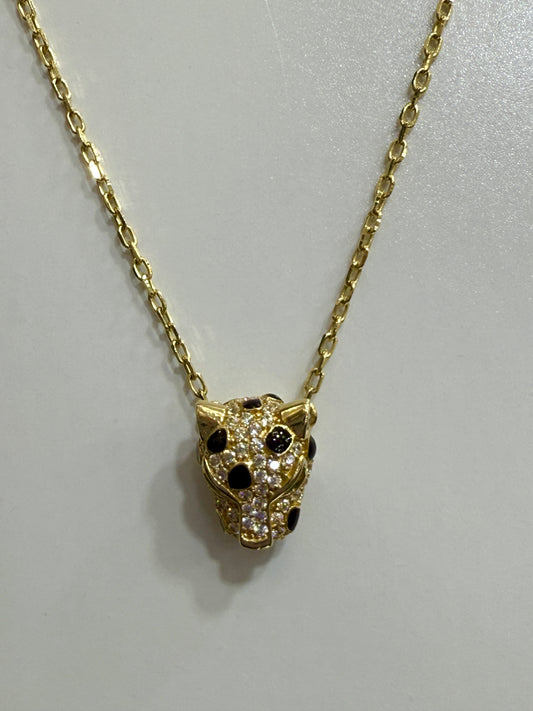 14K Gold Panther Head Necklace with CZ